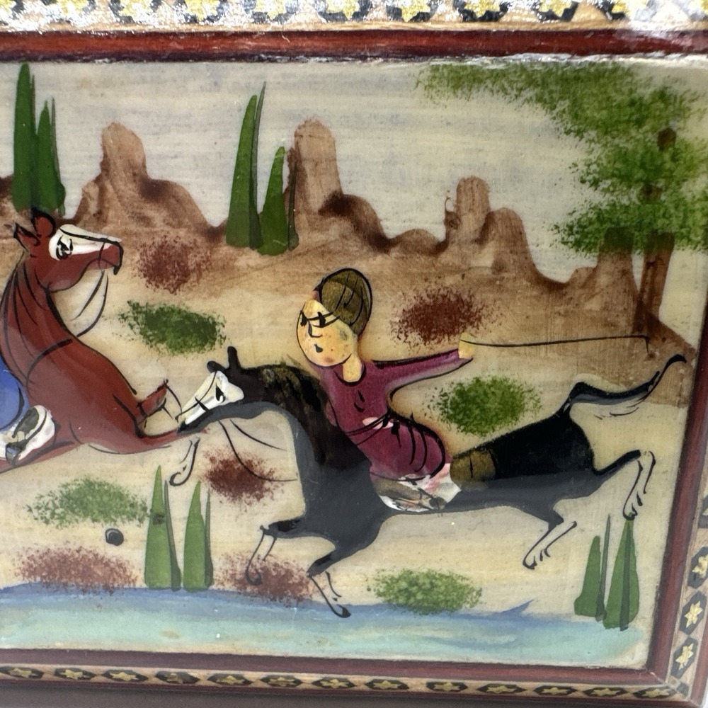 Persian‎ Khatam Wood Trinket Box Hand Made Inlaid With Hunting Scenes On Lid - Picture 9 of 16